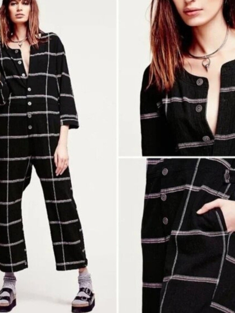 Free People Keep It In Check Black Plaid Jumpsuit XS